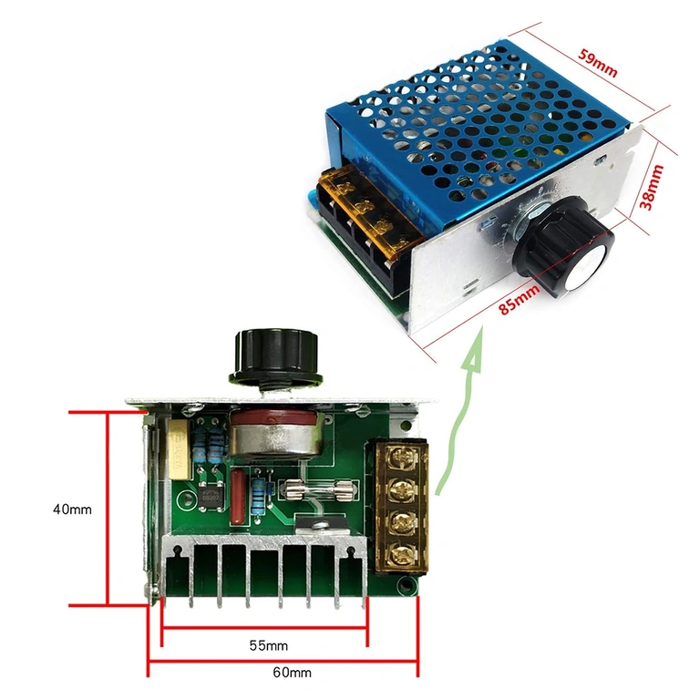 Detailed image of 220V voltage variator module with electronic components: triac, heatsink, potentiometer, dimensions 8.5 x 5.8 x 3.8 cm