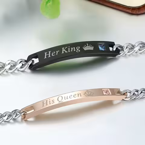 Set of 2 Couple Bracelets Her King & His Queen – Engravable Stainless Steel for Lovers, Him & Her