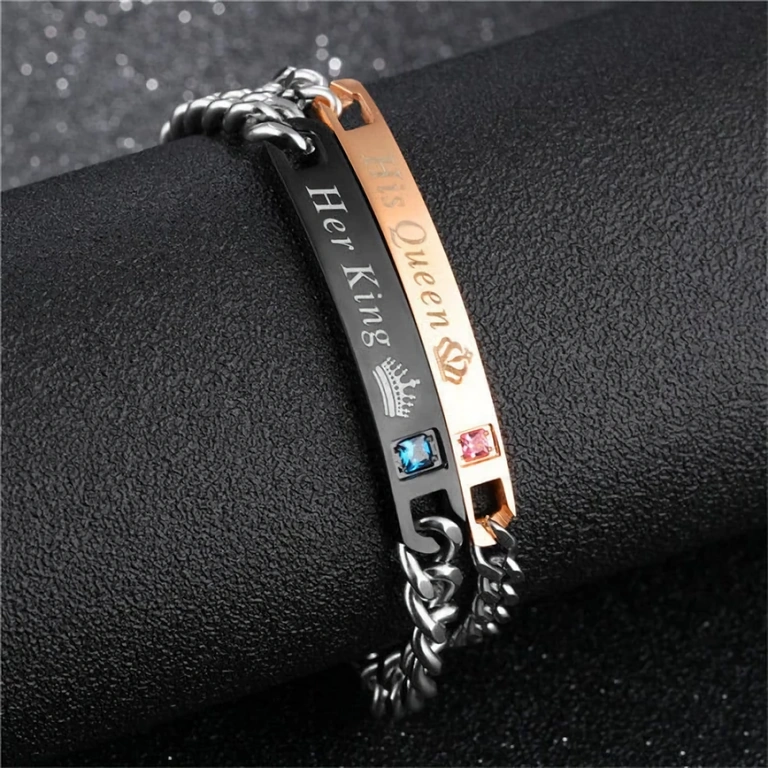 Couple bracelets engraved with Her King and His Queen, durable and elegant