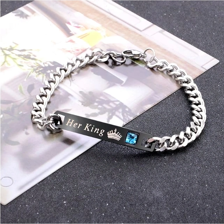 Men’s bracelet with black background, engraved Her King, with zircon stones