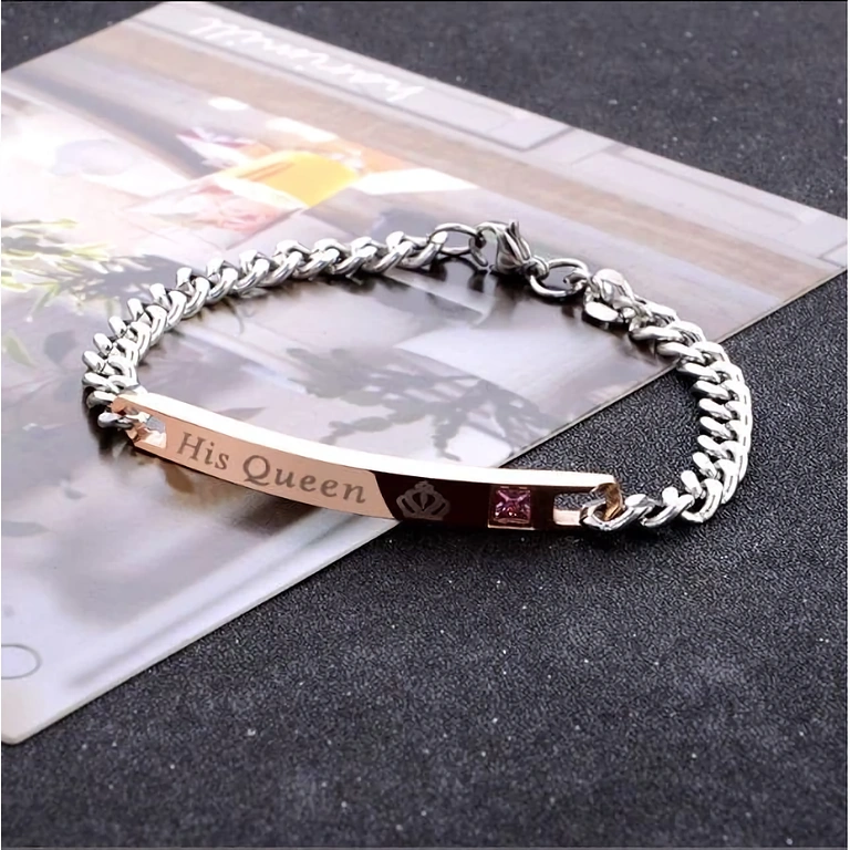 Women’s bracelet with gold background and zircon stones, unique engraving