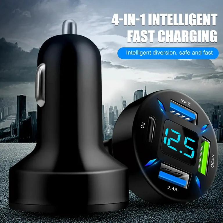 Car charger for multiple devices simultaneously Car charger with 3 USB ports and one type-C for smartphone and tablet