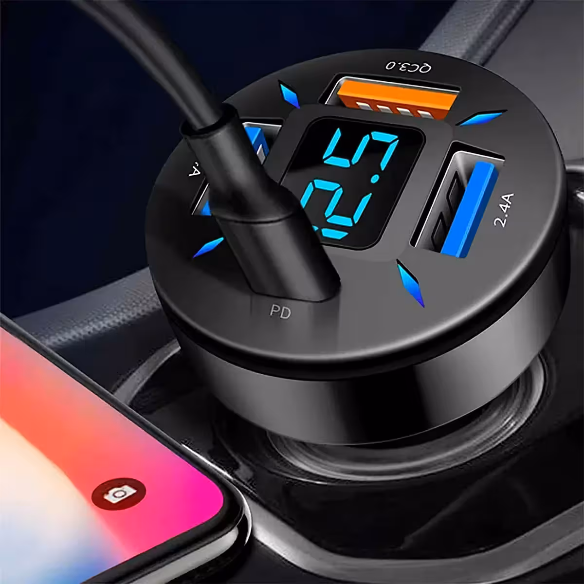 Elegant car charger with LED voltage display and fast USB ports