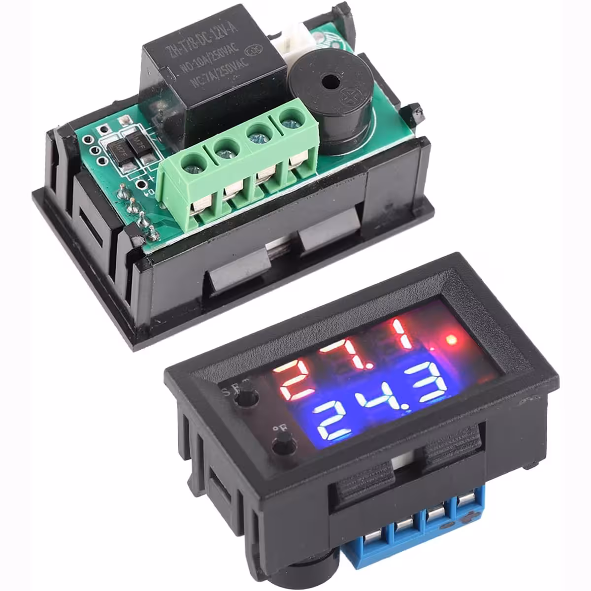 Front and back of digital thermostat with display and terminals