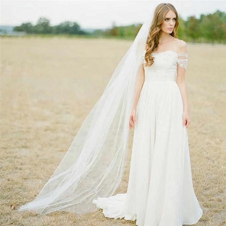 Simple white tulle veil, 2 meters long, comb included for attachment