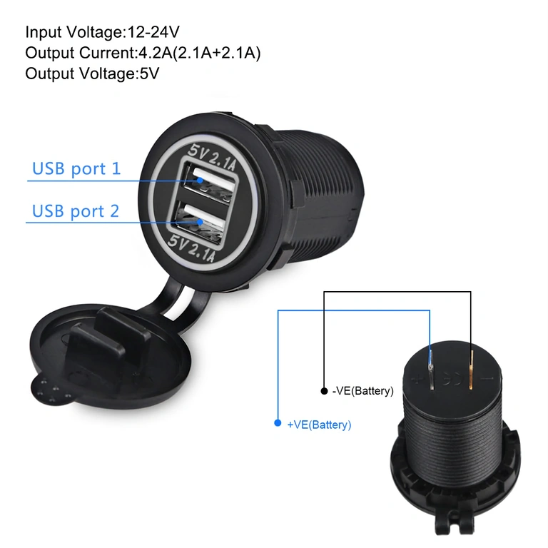 Car Cigarette Lighter Socket with Dual USB Car lighter adapter with dual USB socket, 12-24V, universal mounting