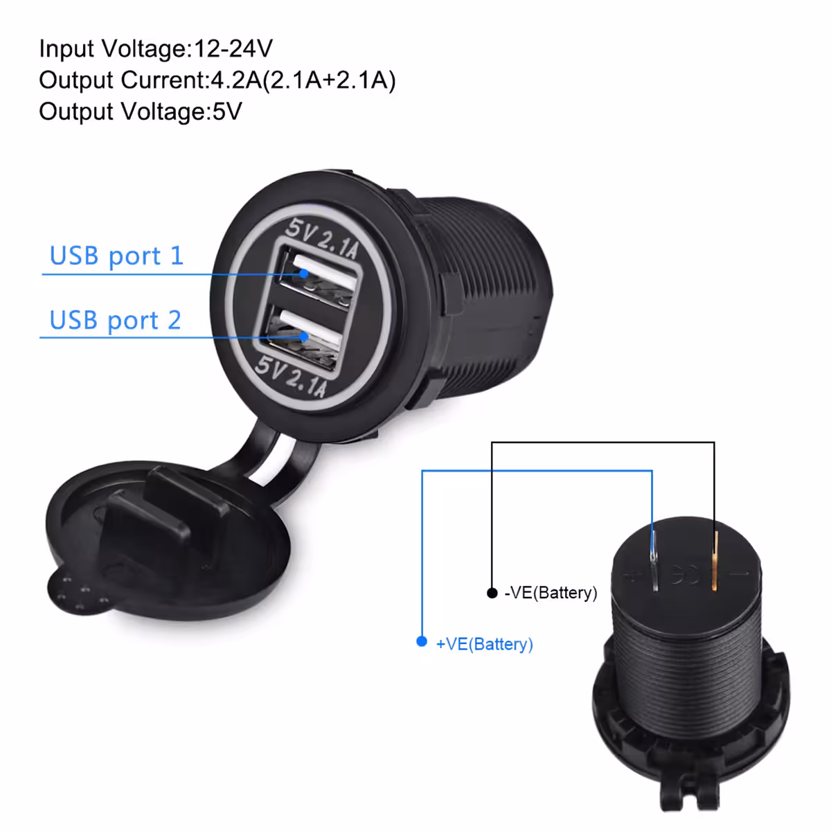 Car lighter adapter with dual USB socket, 12-24V, universal mounting