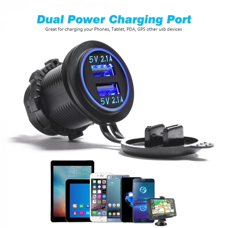 Dual USB Car Socket Waterproof with LED Waterproof USB charger with blue LED light and dual port
