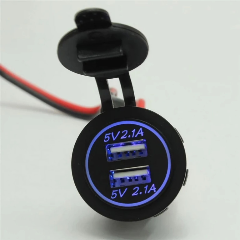 Waterproof USB Socket with Blue LED Car socket with dual USB 2.1A output and water/dust protection