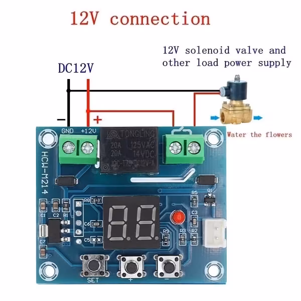 Connection diagram for automatic irrigation module to 12V DC power
