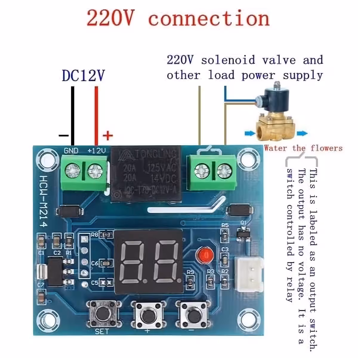 XH-M214 module connected to 220V network for solenoid valve control