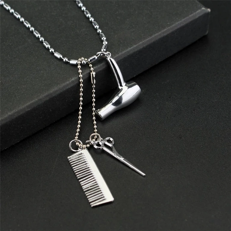 Silver pendant with scissors and comb – barber/hairstylist accessory