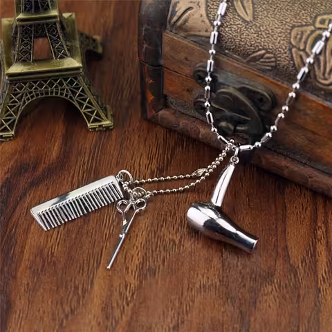 Barber Hairstylist Pendant Necklace with Scissors, Comb and Hair Dryer – Gift for Hairdresser/Barber