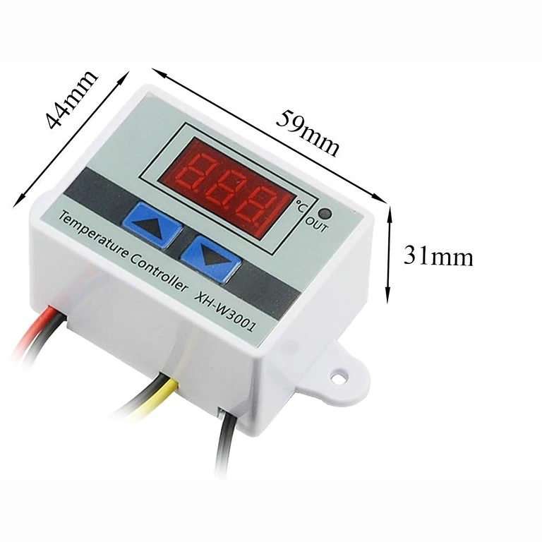 Image with exact dimensions of XH-W3001 thermostat: length, width, thickness