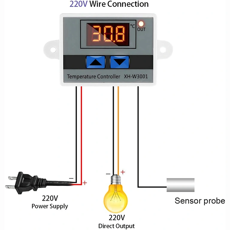 Digital thermostat wiring diagram XH-W3001 with 220V AC power and relay connections