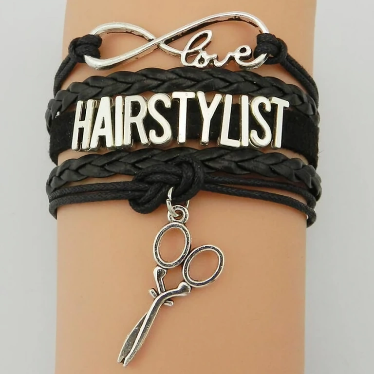 Fashionable black leather bracelet with hairdresser symbols