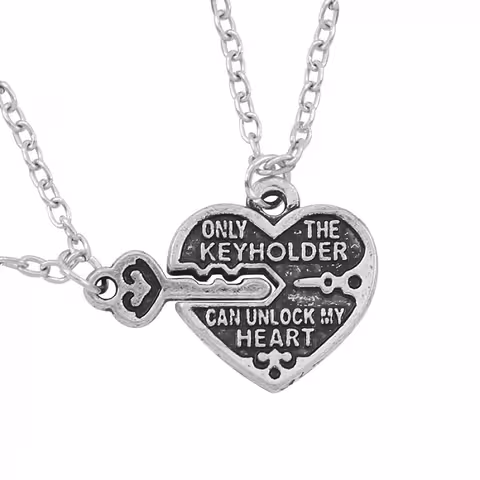 Heart and Key Pendant Necklace – Couple and BFF Set, Silver