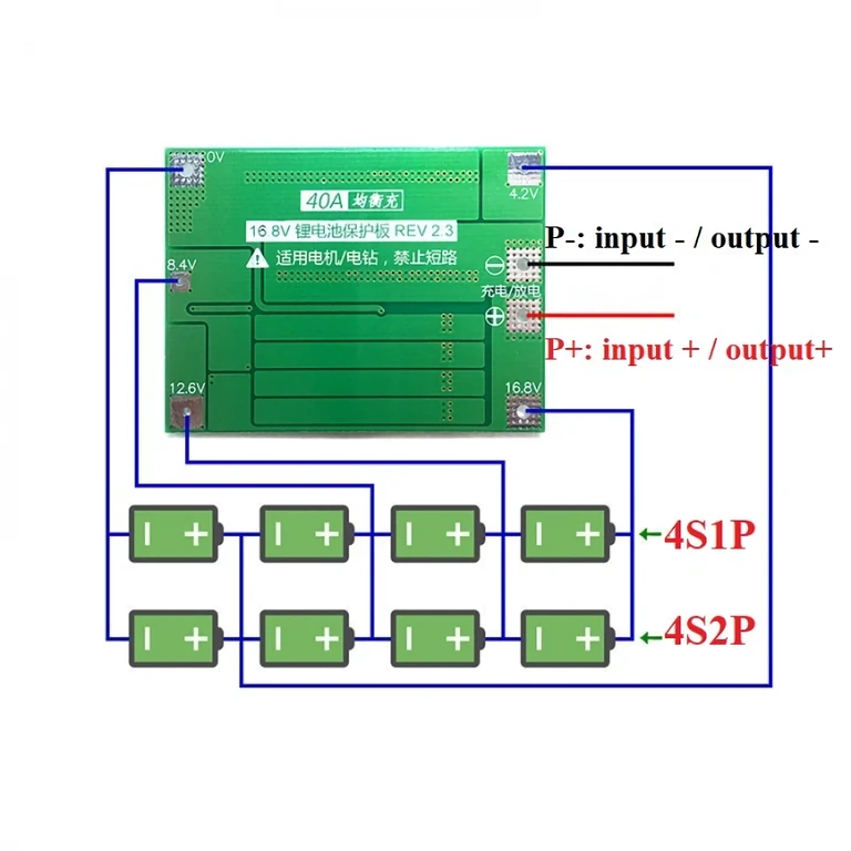 Wiring diagram for BMS 4S 40A Li-ion battery module installation