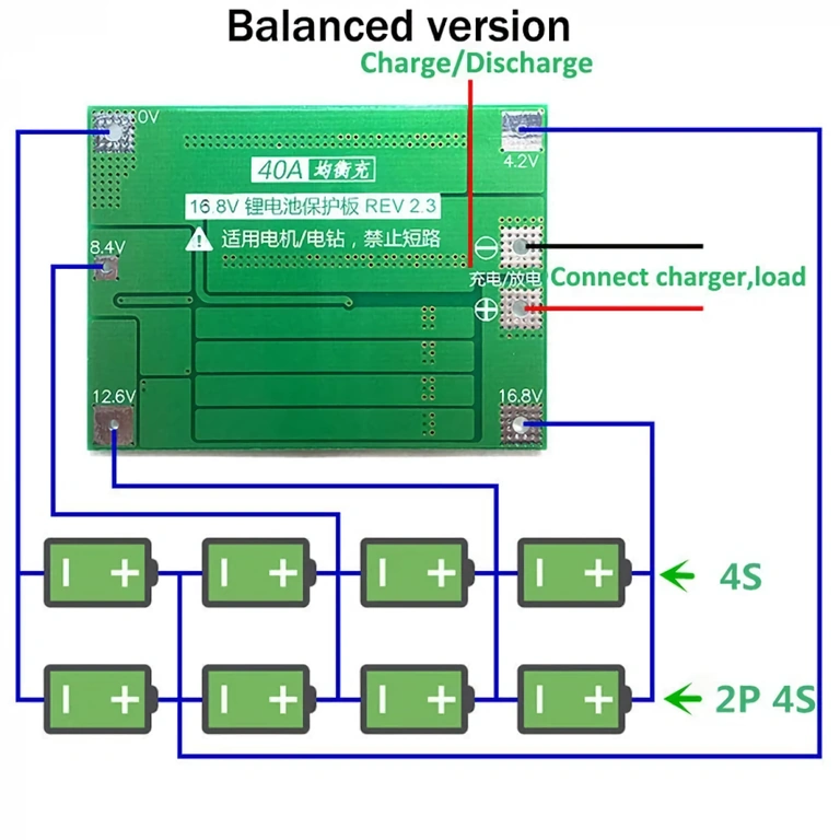 Detailed connection diagram for Li-ion 4S battery protection module