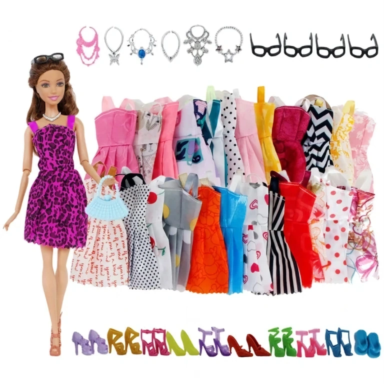 Play set with dresses, shoes, and accessories for dolls