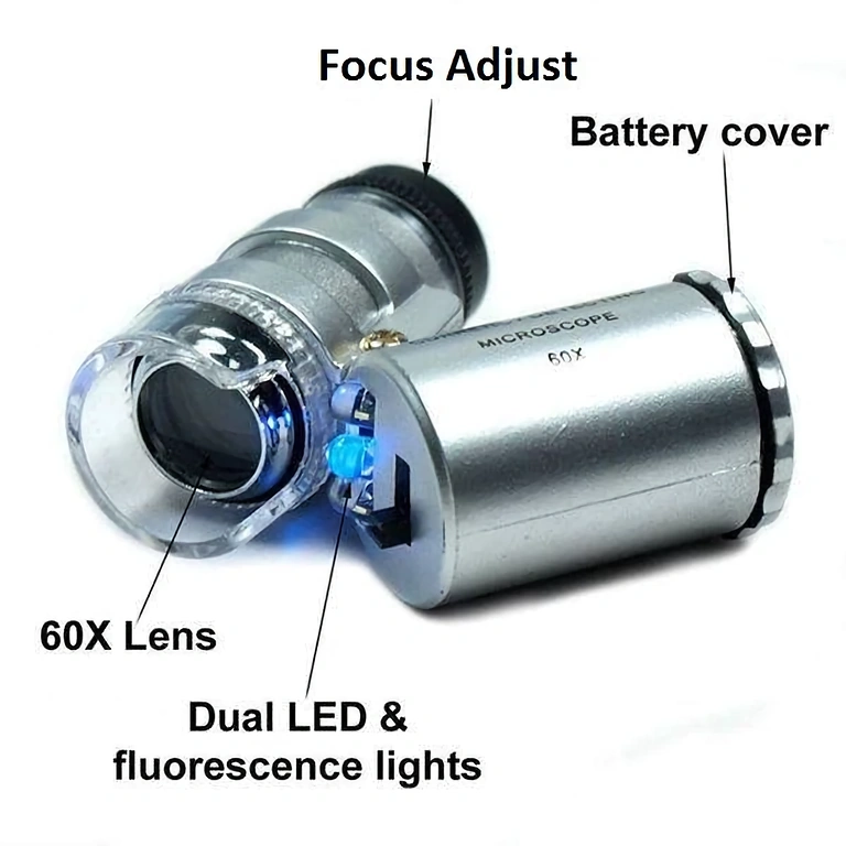 Microscope with 3 LEDs and UV lamp for detecting invisible details