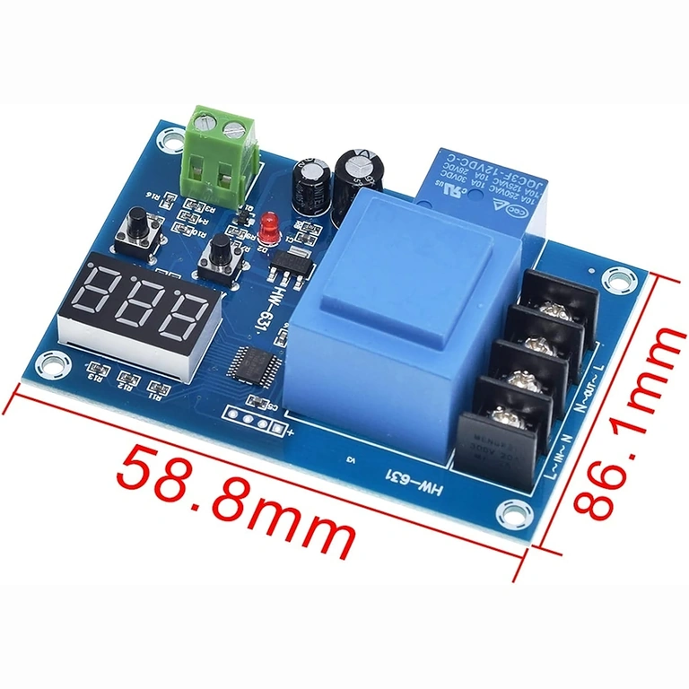 Battery charge controller module dimensions Image with exact dimensions of XH-M602 module for precise installation