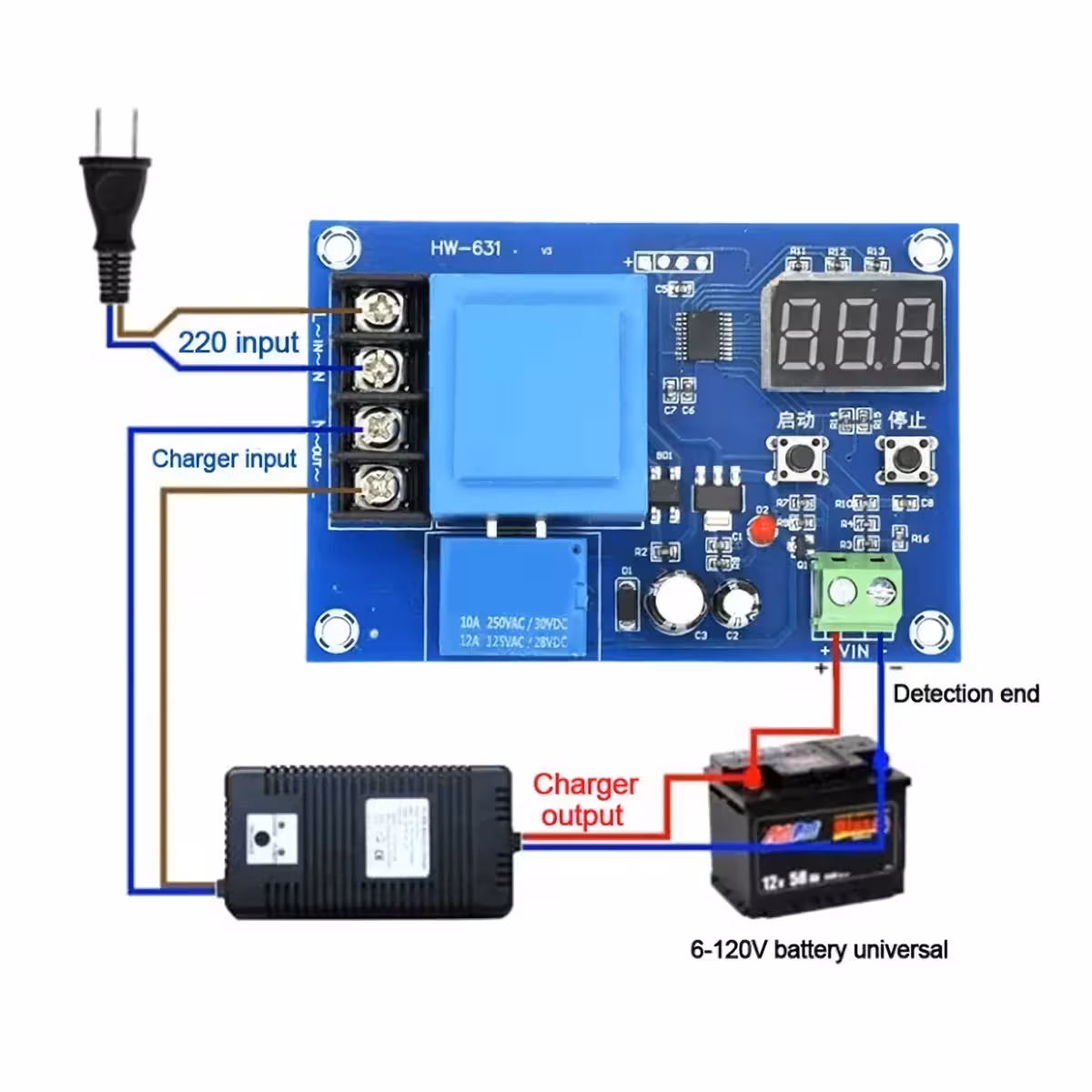 Connection diagram of XH-M602 module with relay and power source