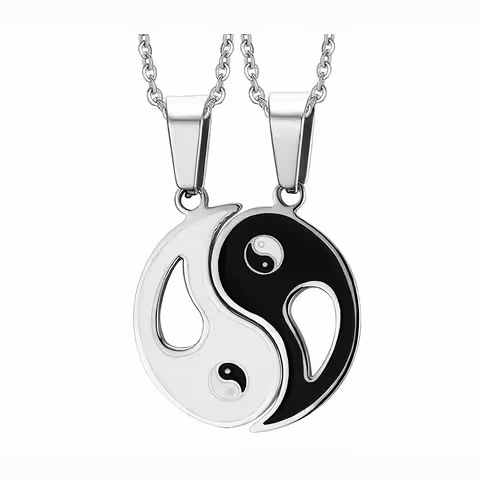 Yin and Yang Couple Pendant and Chain – Two-Halves Medallion Set, Symbol of Balance and Love