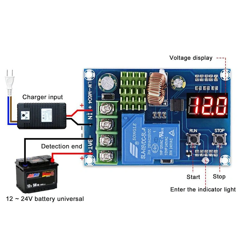 Wiring diagram for connecting XH-M604 modules to batteries and solar panels