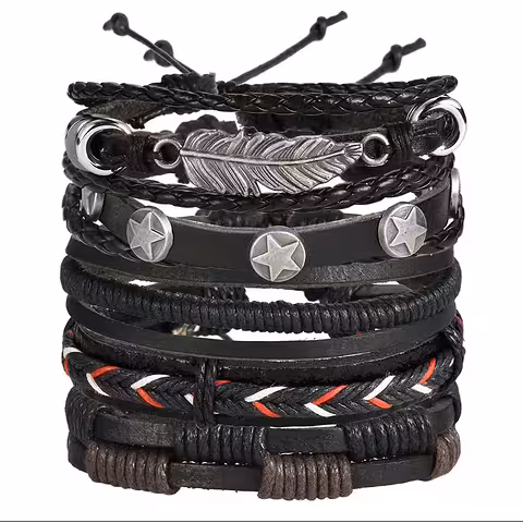 Set of 5 Men’s Natural Leather Bracelets – Handmade, Adjustable, Elegant, New Luxury Designs