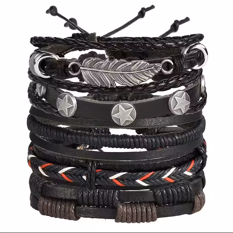 Set of 5 Men’s Natural Leather Bracelets – Handmade, Adjustable, Elegant, New Luxury Designs