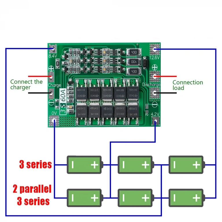 Connection diagram for 3S 60A BMS module – battery, output, and cell balancing wiring