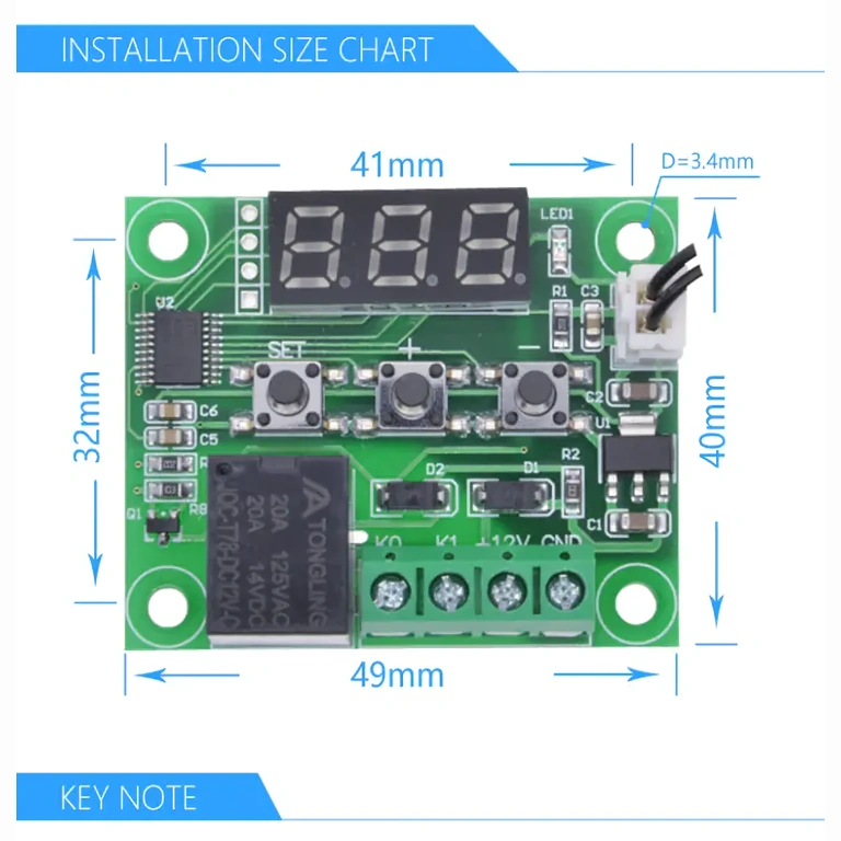 Exact dimensions W1209 module Dimensions in millimeters for W1209 digital thermostat