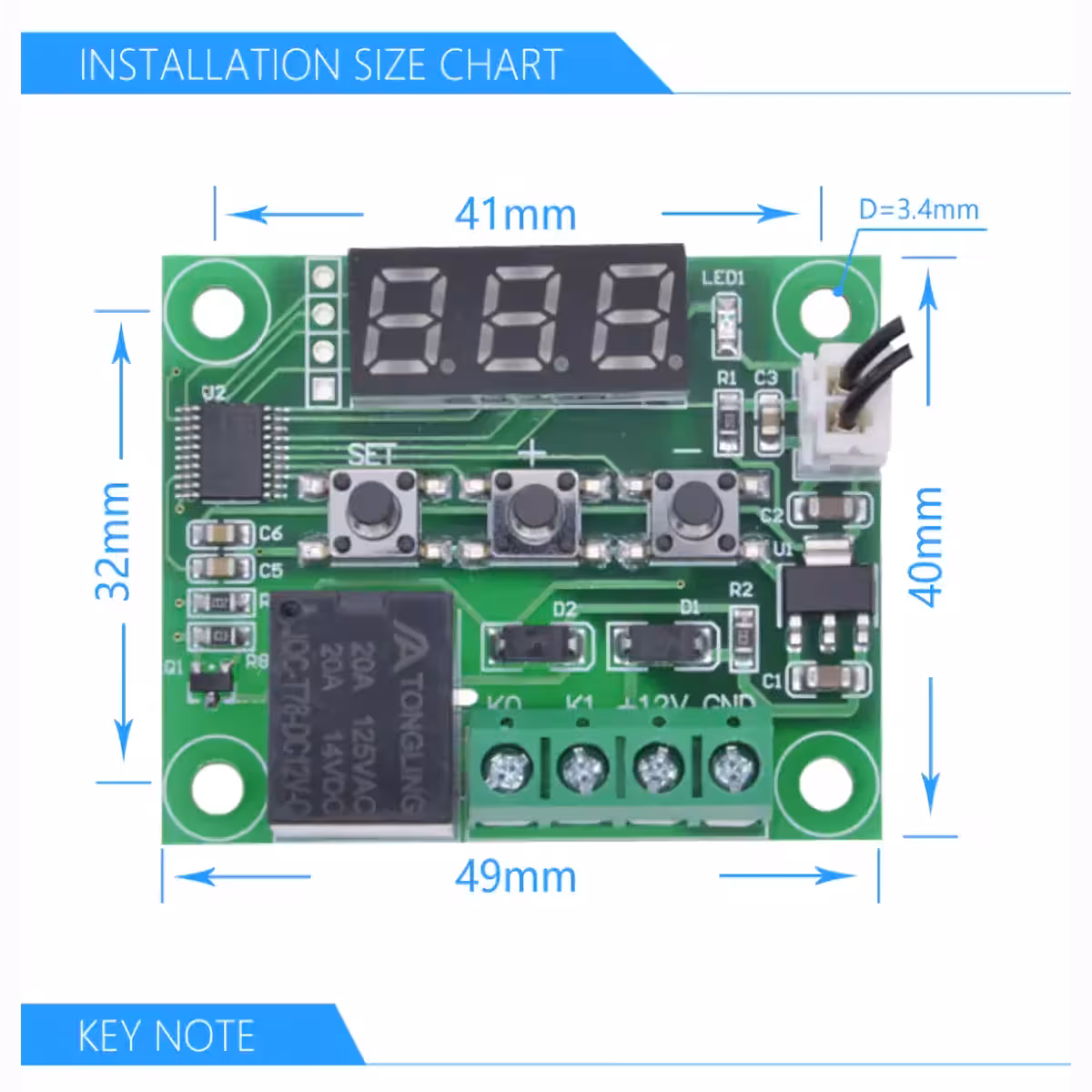 Dimensions in millimeters for W1209 digital thermostat