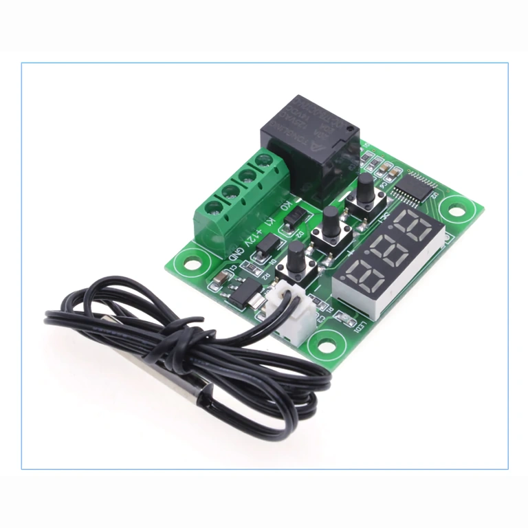 Digital thermostat front panel LED display and temperature control buttons