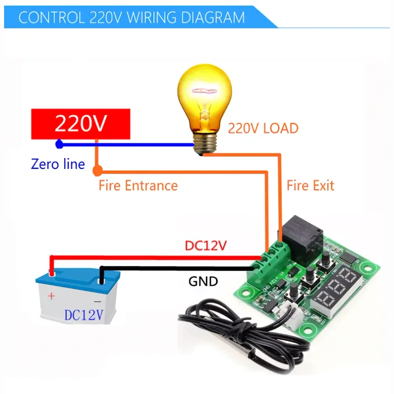 W1209 wiring diagram for 220V AC Complete diagram for connecting W1209 thermostat to 220V power