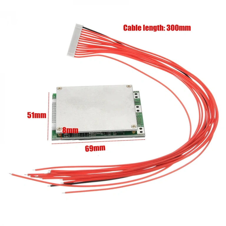 BMS 13S 48V module dimensions Detailed BMS module dimensions: length, width, thickness – 69x51x8 mm