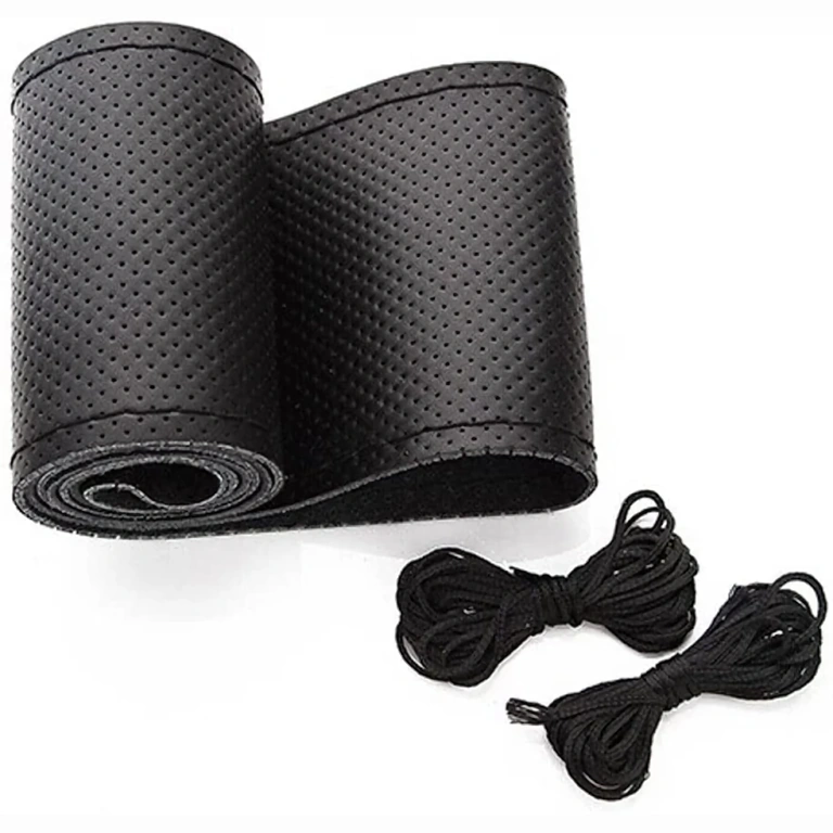 Black leather hand-stitched steering wheel cover, elegant look