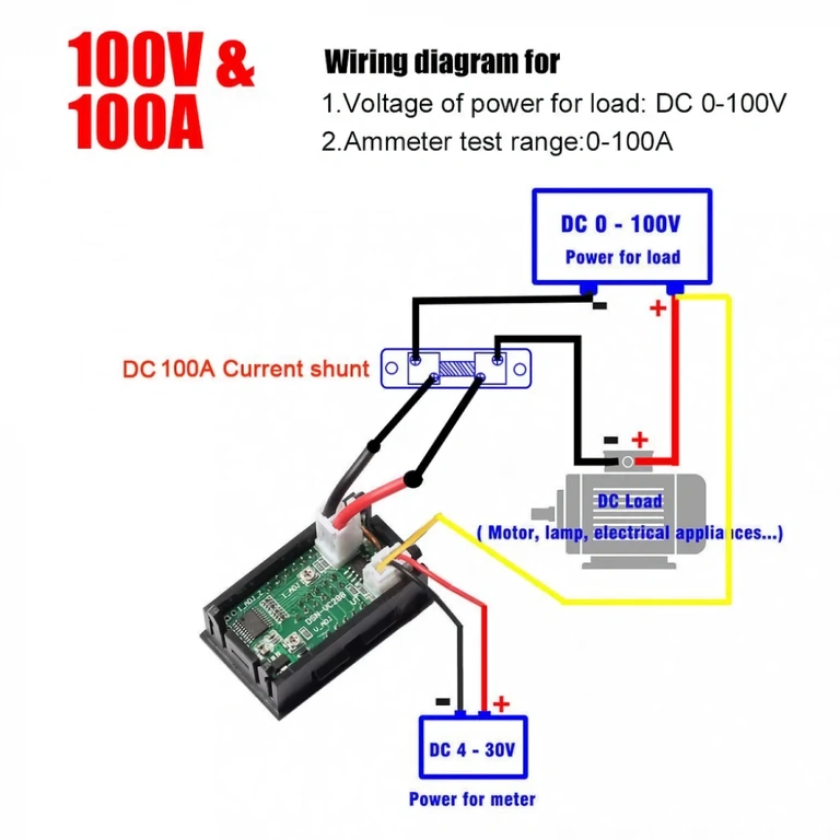Voltmeter/ammeter installation diagram for up to 100V DC Connection diagram for high voltage (up to 100V) digital voltmeter