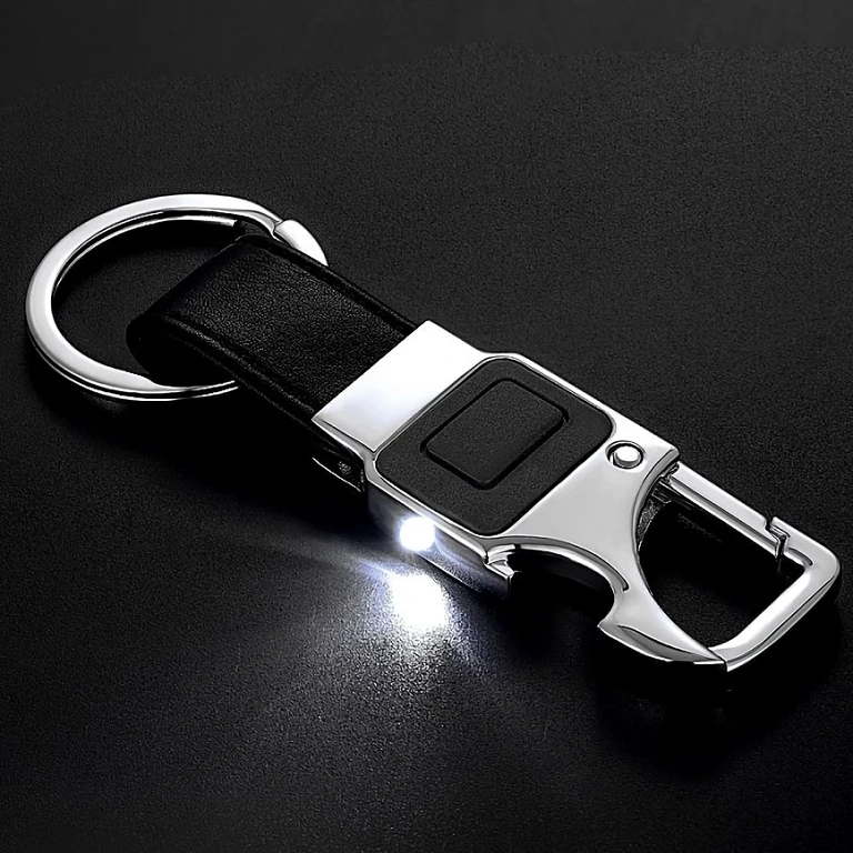 Elegant keychain with metal finish Elegant metal and leather accessory for keys and daily use