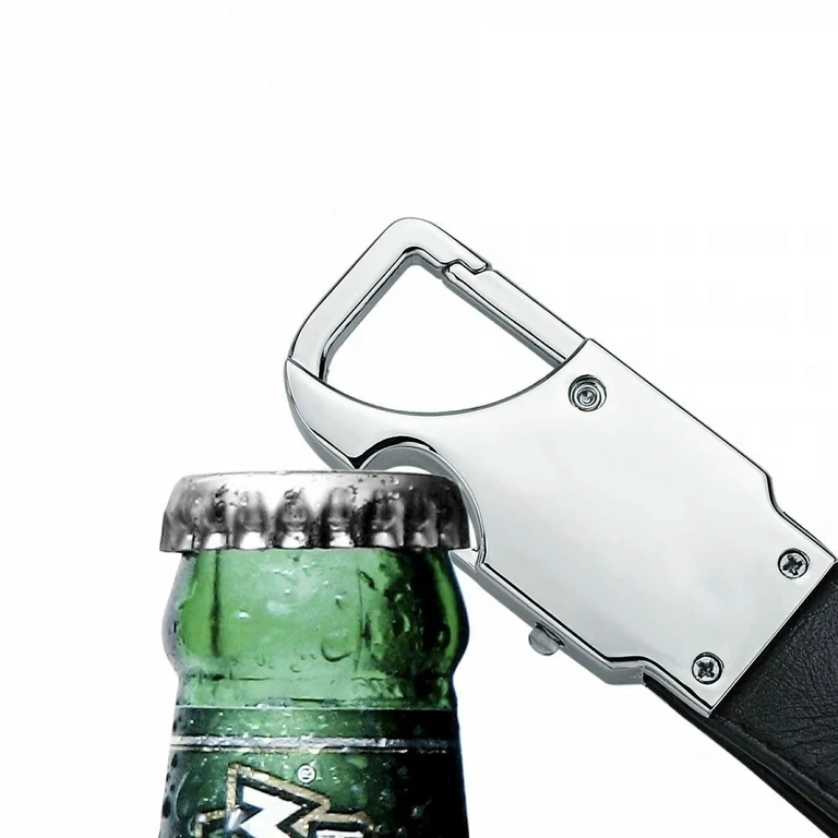 Leather keychain with bottle opener Black leather keychain with integrated bottle opener
