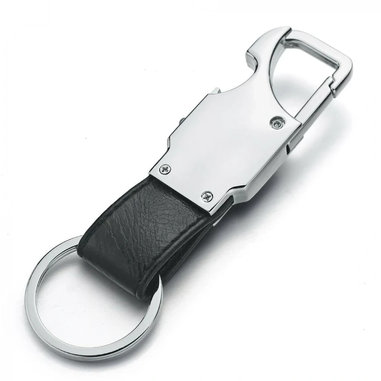 Modern keychain with LED and bottle opener Versatile keychain with LED, leather, and bottle opener function