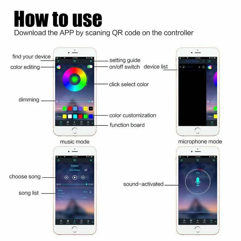Complete RGB LED lighting kit USB, controllable via app and remote