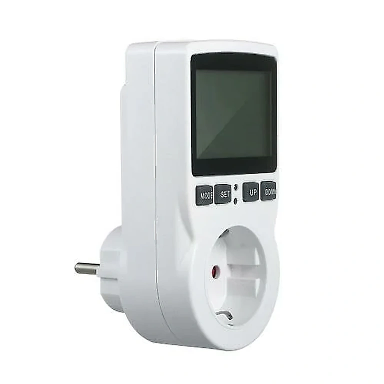 Programmable socket with temperature sensor Plug with temperature sensor, chronothermostat functions, timer, and LCD display
