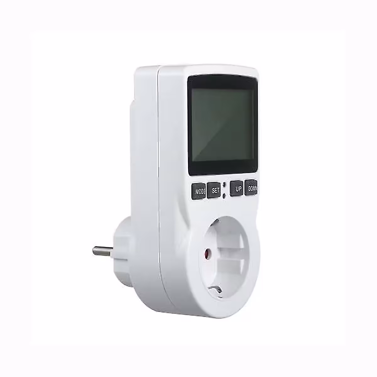 Plug with temperature sensor, chronothermostat functions, timer, and LCD display