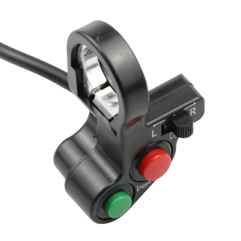 Compact control button for bicycles and ATVs Small, efficient switch with multiple functions