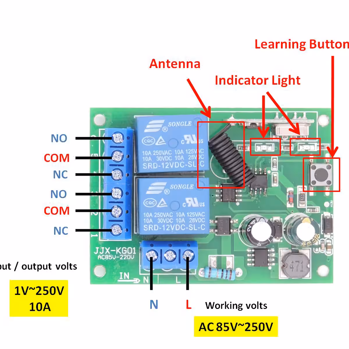 Multifunction wireless module for controlling doors, awnings, motors