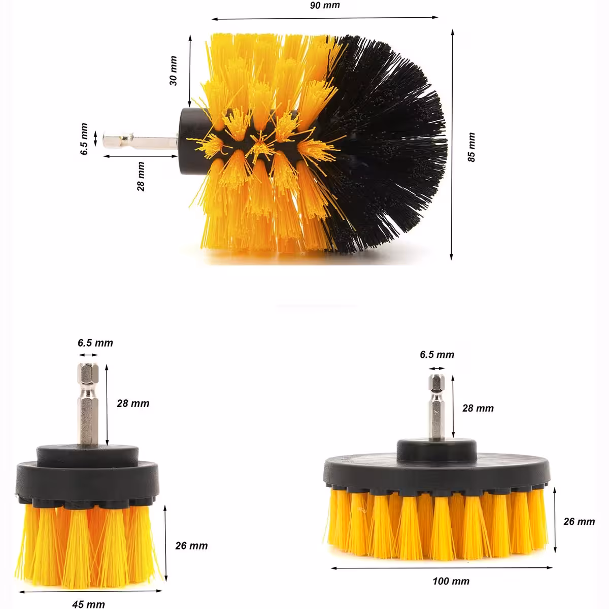 Image of the 3 brushes with sizes: 12cm, 8.5cm, 5cm