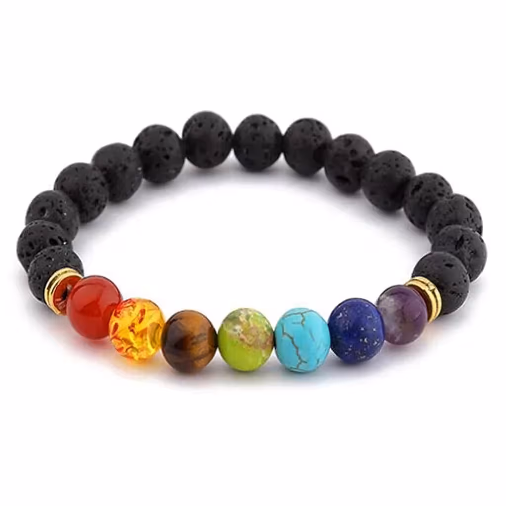 Natural Volcanic Rock Bracelet with 7 Chakras – Agate, Amethyst, Amber, Lapis Lazuli, Tiger Eye