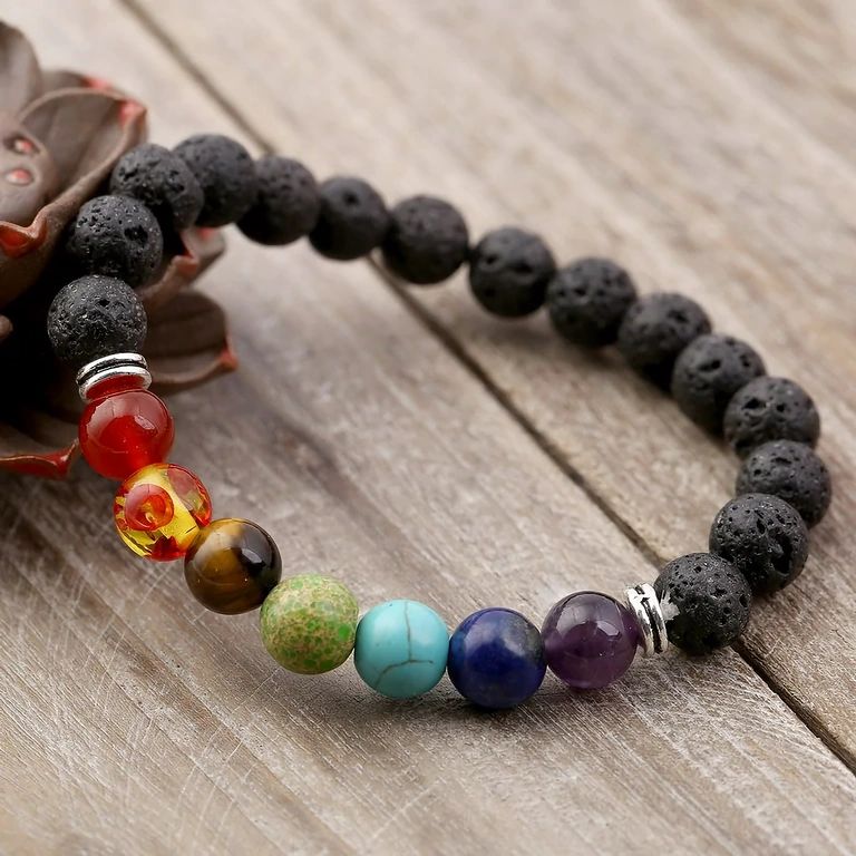 Adjustable unisex bracelet with chakra stones and lava Unisex elastic bracelet with colored stones for chakra balancing